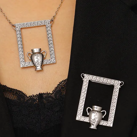 Vintage Vase Frame Pendant Necklace And Brooch Pin For Women Alloy Silver Gold Plated Floral Hollow Photo Frame Artistic Jewelry Accessories