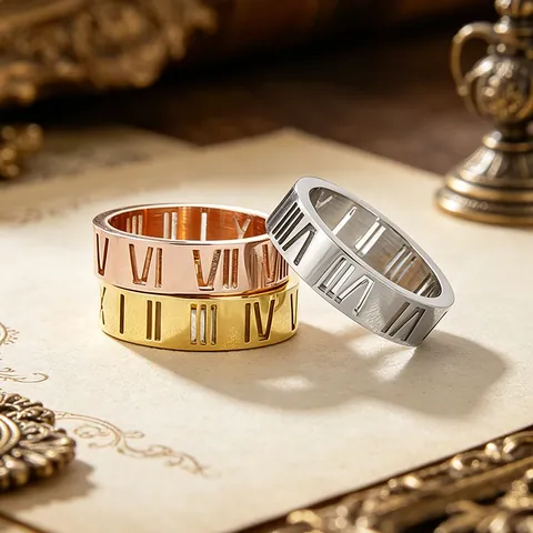 Hollow Roman Numeral Ring Stainless Steel Double Row Rhinestone CZ Inlaid Fashion Commuter Jewelry For Women