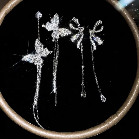 Copper Zirconia Bowknot Asymmetric Long Tassel Drop Stud Earrings With 925 Sterling Silver Earring Post For Women Elegant Jewelry