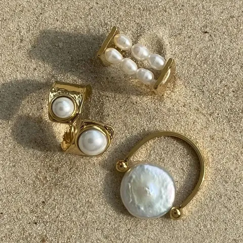 18K Vergoldet Edelstahl Süßwasserperle Offener Ring Gehämmerte Textur Wasserdicht Hypoallergen Schmuck Für Damen Geschenk