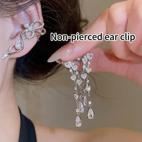 Eleganti Ear Cuff con Nappa a Cuore e Goccia in Zirconia per Donna Orecchini a Fiocco con Perle Artificiali Senza Buco