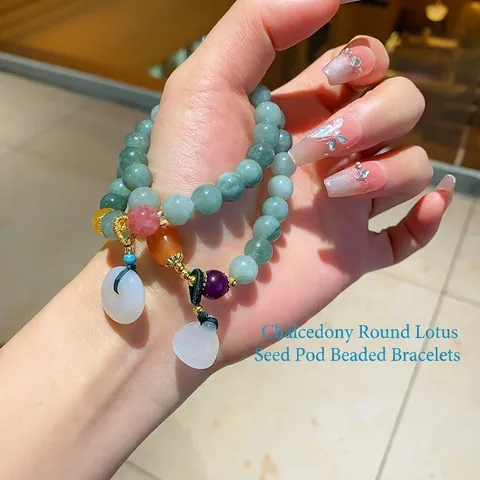 Eleganter Chalcedon Perlenarmband Mit Lotossamenkapsel Rund Retro Zen Stil Edelstein Perlen Handschmuck Für Damen Mode Accessoire