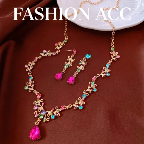 Juego de Joyas Vintage Chapado en Oro Aleación Multicolor Circonia Lazo Colgante de Gota de Agua Collar y Pendientes para Mujer