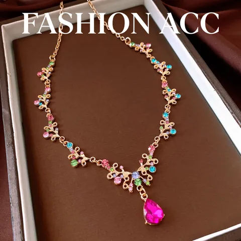 Juego de Joyas Vintage Chapado en Oro Aleación Multicolor Circonia Lazo Colgante de Gota de Agua Collar y Pendientes para Mujer