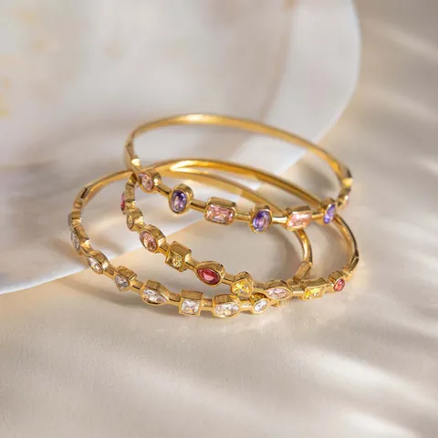 Luxury 18K Gold Plated Stainless Steel Geometric Zirconia Bangle High-End Waterproof Hypoallergenic Commuter Bracelet For Women Jewelry