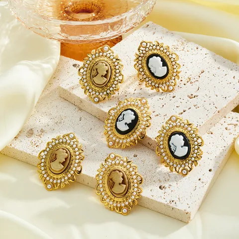 Vintage Edelstahl Cameo Porträt Ohrstecker Und Band Ringe Für Damen Gold Künstliche Perle Eingelegter Schmuck Zubehör