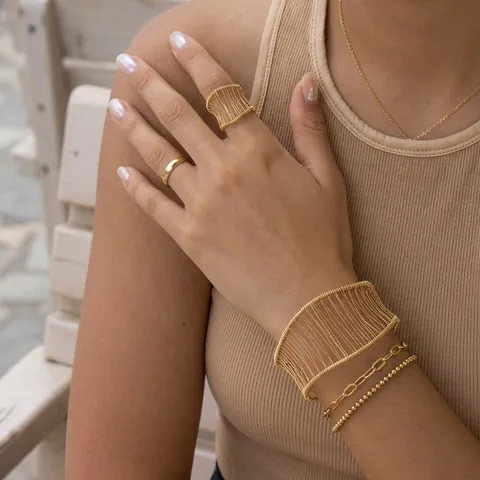 Stainless Steel Wire Wrapped Open Bangle And Ring Jewelry For Women Gold Plated High-End Niche Design Fadeless Accessories