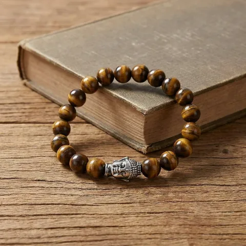 Retro Tiger Eye Stone Beaded Bracelet Stainless Steel Buddha Head Meditation Yoga Zen Jewelry For Men