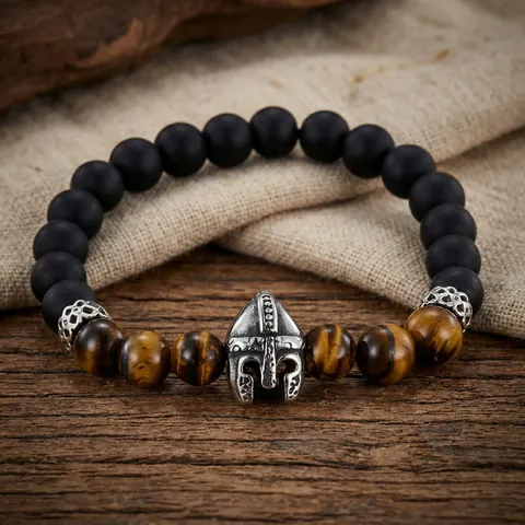 Vintage Men's Beaded Bracelet With Tiger Eye Stone Matte Black Beads Stainless Steel Spartan Helmet Elastic Jewelry