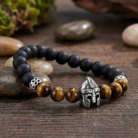 Vintage Men's Beaded Bracelet With Tiger Eye Stone Matte Black Beads Stainless Steel Spartan Helmet Elastic Jewelry