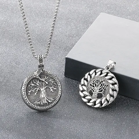 Vintage Norse Viking Tree of Life Ouroboros Pendant Stainless Steel Punk Mythology Rune Round Medallion Necklace For Men Daily Jewelry