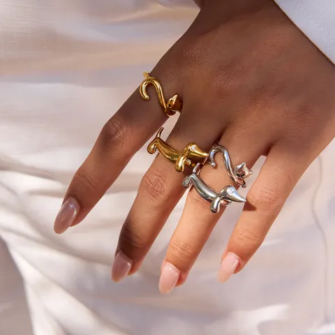Süße Katzen Und Hunde Tier Offene Ringe Für Damen Edelstahl Verstellbar Minimalistischer Schmuck Wasserfest Hypoallergen
