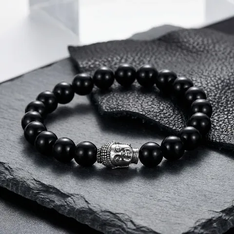 Buddha Head Beaded Bracelet Stainless Steel Black Glass Beads Elastic Zen Ethnic Jewelry For Men And Women