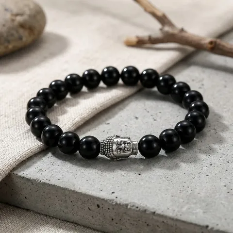 Bracciale Di Perline Testa Di Buddha Acciaio Inossidabile Perline Di Vetro Nero Elastico Gioielli Zen Etnici Unisex