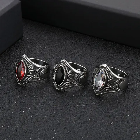 Men's Vintage Stainless Steel Water Drop Glass Gem Ring Punk Distressed Carved Floral Band Finger Ring Jewelry Gift