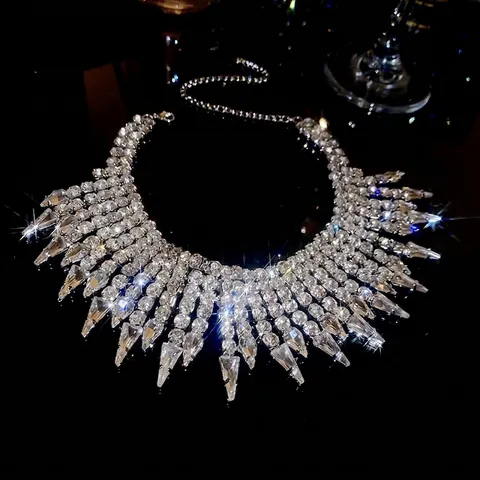 Luxus Strass Wassertropfen Quaste Halskette Für Damen Elegant Glitzernd Choker Statement Mode Party Schmuck Geschenk