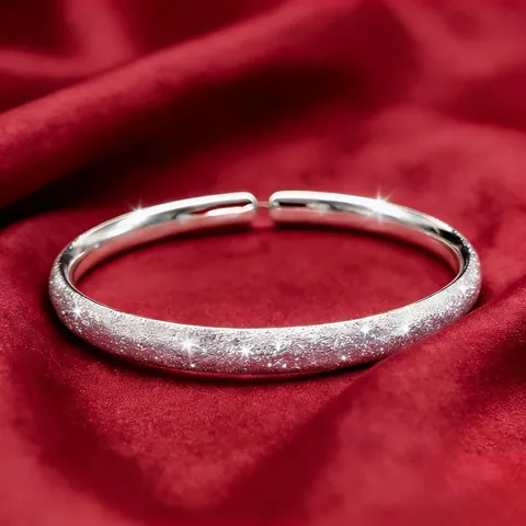 Minimalist 925 Sterling Silver Open Cuff Bangle Bracelet For Women With Sandblasted Frosted Finish Trendy Design