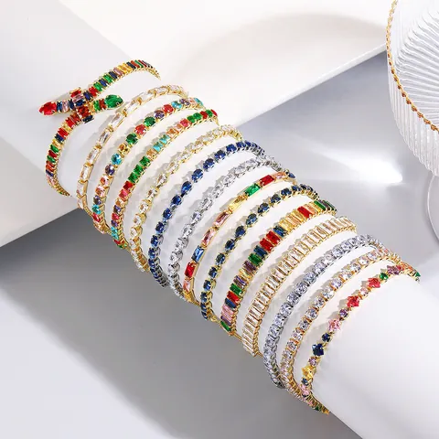 Adjustable Slider Bracelet For Women Colorful Zircon Gold Plated Rainbow Marquise Rectangular Cut Evil Eye Fashion Jewelry