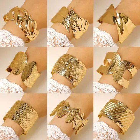 Breites Manschettenarmband Edelstahl Vergoldet Gewebte Textur Statement Armreif Für Damen Modeschmuck