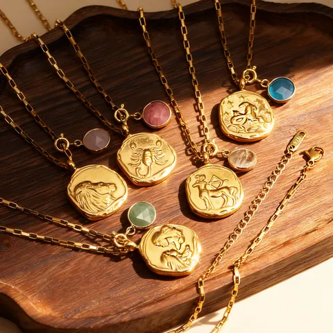 Collana Pendente Moneta Ovale Dodici Costellazioni Acciaio Inossidabile Placcato Oro 18K Gioielli Rilievo Vintage