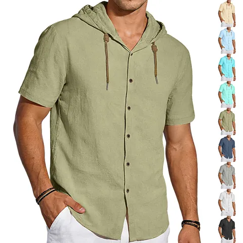 Heren Shirt Korte Mouwen Capuchon Katoen Linnen Ademend Knopen Zomer Casual Vakantie Top