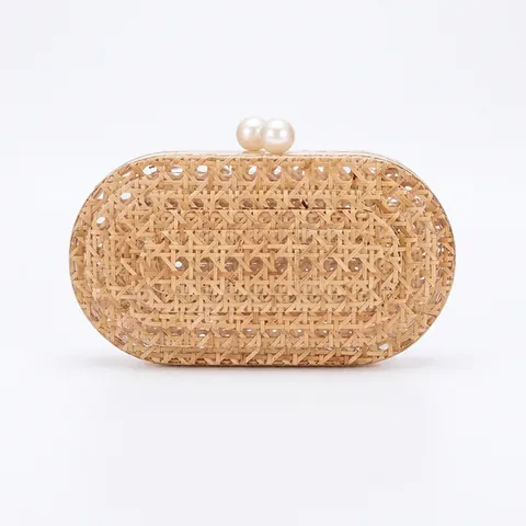 Borsa Da Sera In Rattan Intrecciato Acrilico Con Chiusura Perla Artificial Catena Pochette Retro Boho Per Donna Matrimonio Festa