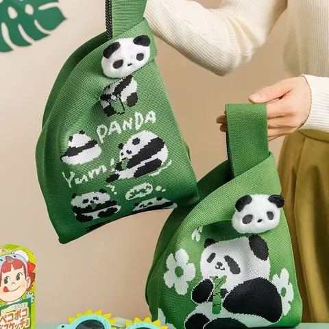 Women's Cute Panda Knitted Handbag Large Capacity Crochet Tote Bag Japanese Knot Wrist Bag Animal Pattern Reusable Shopping Bag