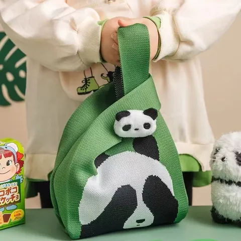 Women's Cute Panda Knitted Handbag Large Capacity Crochet Tote Bag Japanese Knot Wrist Bag Animal Pattern Reusable Shopping Bag