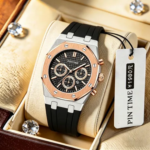 Men Quartz Watch Chronograph Sporty Waterproof Alloy Case Silicone Strap Luxury Octagonal Casual Business Wristwatch