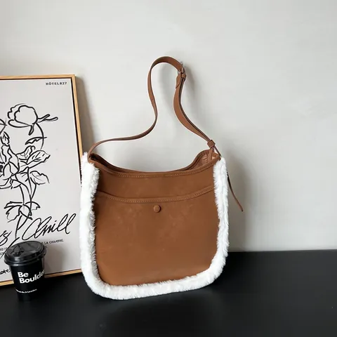 Bolso de Cubo de Gamuza para Mujer Ribete de Piel Sintética Gran Capacidad Simple Casual Bolso de Hombro Retro Bolso de Invierno