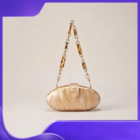 Damen Abendtasche Clutch Acryl Marmor Textur Oval Hartschale Mit Abnehmbarer Goldkette Und Harzgliedern Elegant