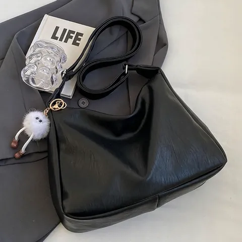 Women Large Capacity Soft PU Leather Shoulder Bag Minimalist Hobo Crossbody Bag With Plush Pendant Casual Commuter Tote Bag