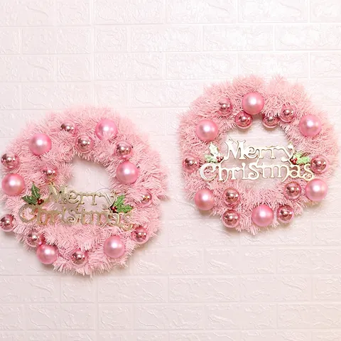 Pink Christmas Wreath Artificial Pine Needle Garland With Ball Ornaments And Merry Christmas Sign For Front Door Home Decor