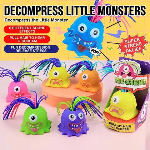 Screaming Little Monster Stress Relief Toy Pull Hair Sound Effect Sensory Toy For Kids Adults Colorful Rubber Novelty