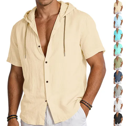 Men's Hooded Casual Shirt Short Sleeve Cotton Linen Breathable Lightweight Button Down Summer Fashion Solid Color