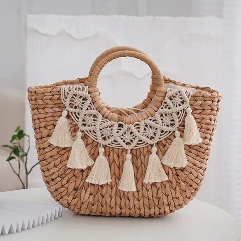 Women Handmade Woven Straw Handbags Bohemian Beach Bag Cotton Tassels Macrame Lace Large Capacity Tote Vacation Purse