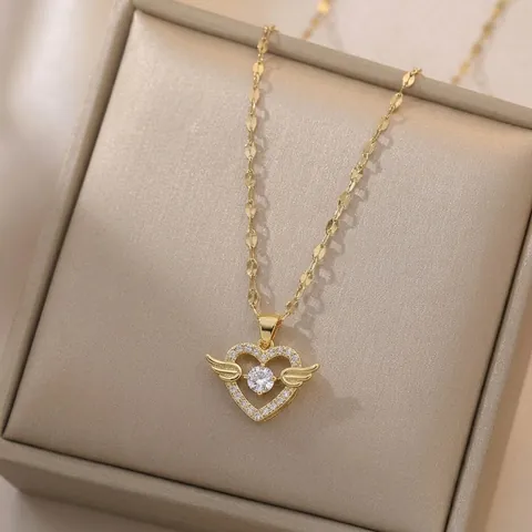 Herz Engel Flügel Schwebender Stein Anhänger Halskette Titanstahl Zirkonia Gold Mode Schmuck Für Damen
