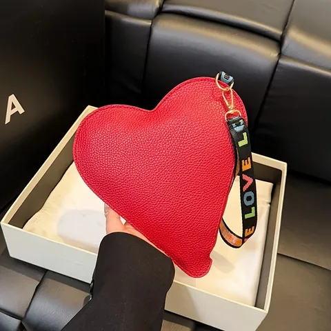 Heart Shaped PU Leather Clutch Handbag Lychee Texture Rainbow Love Letter Woven Strap Fashion Wristlet For Women