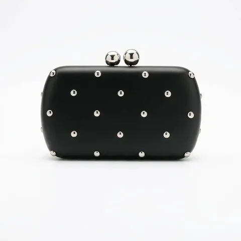 Women Evening Clutch Bag PU Leather With Metal Rivets Ball Kiss-Lock Hard Shell Party Wedding Crossbody Purse