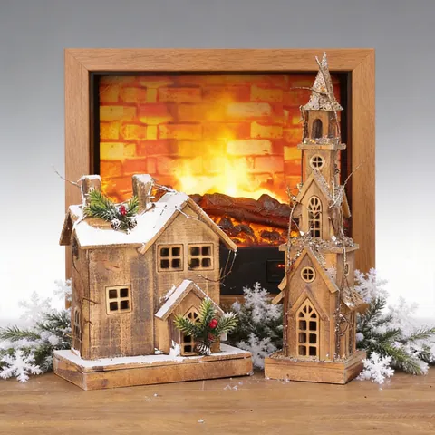 Kerst Houten Huis Ornament Lichtgevende LED Hut Met Kunstsneeuw Dennennaalden Bessen Winter Tafeldecoratie