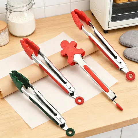 Pinze per Alimenti in Silicone di Natale Acciaio Inossidabile 430 Forma di Omino di Pan di Zenzero Albero Resistente al Calore