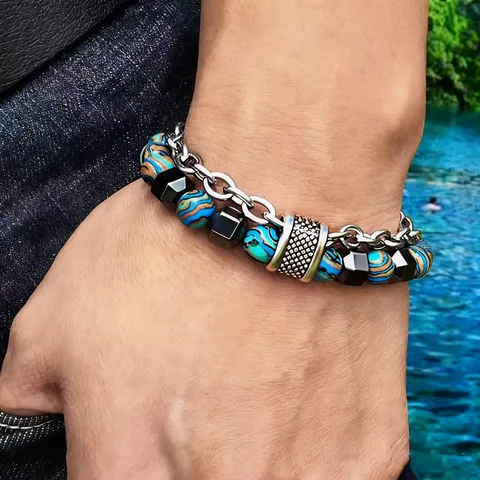 Double Layer Men Bracelet Stainless Steel Chain Alloy Beads Synthetic Malachite Hematite OT Buckle Hip Hop Fashion