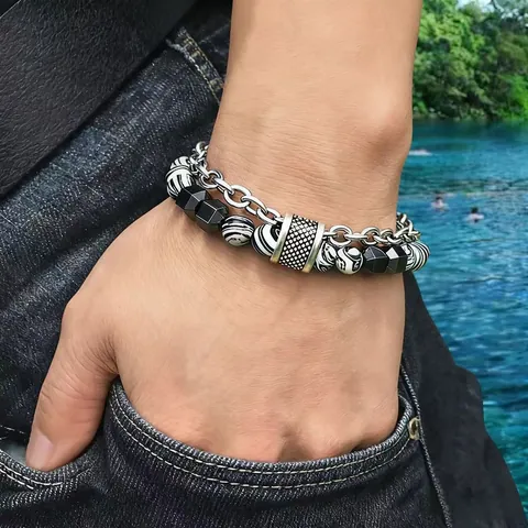 Double Layer Men Bracelet Stainless Steel Chain Alloy Beads Synthetic Malachite Hematite OT Buckle Hip Hop Fashion
