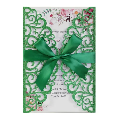 European Laser Cut Wedding Invitations Glitter Hollow Out Greeting Cards With Bow Satin Ribbon For Engagement Party Celebration