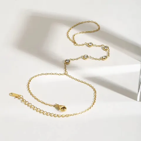 Elegant Finger Bracelet Hand Chain 18K Gold Plated Stainless Steel Round Zircon Inlaid Adjustable Jewelry For Women