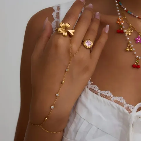 Elegant Finger Bracelet Hand Chain 18K Gold Plated Stainless Steel Round Zircon Inlaid Adjustable Jewelry For Women