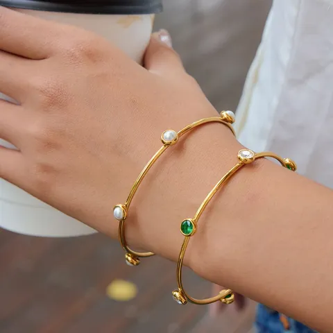 Vintage 18K Gold Plated Stainless Steel Bangle Bracelet With Artificial Pearl Green Gemstone Zirconia Waterproof Jewelry For Women