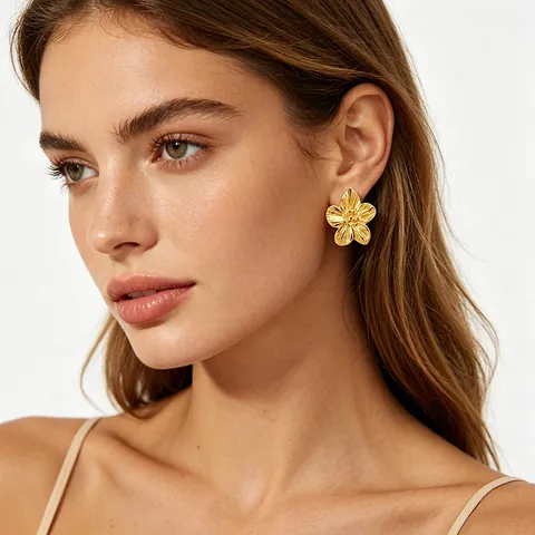 Pendientes De Botón De Flor Acero Inoxidable Chapado En Oro De 18K Cinco Pétalos Texturizados Joyería De Moda Mujer