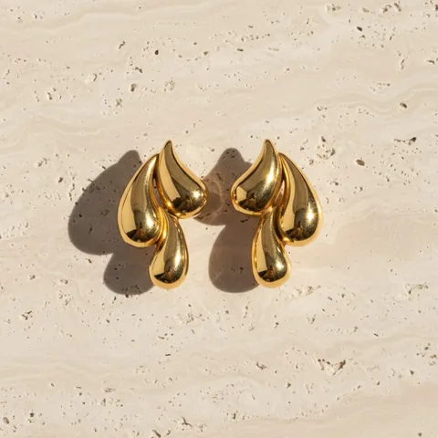18K Gold Plated Stainless Steel Stud Earrings For Women Cluster Waterdrop Design 3D Sculptural Minimalist Waterproof
