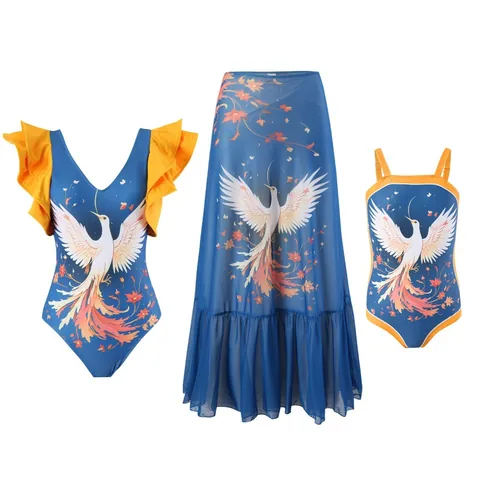 Parent-Child Ruffled One-Piece Swimsuit With Ethnic Print Mesh Skirt For Women Girls Leopard Floral Beachwear Vacation